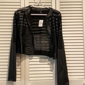 Black bomber jacket, zipper sides, zips down. Never been worn.